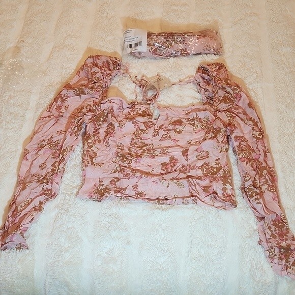 Free People Hilary Printed Top in pink combo size M - Picture 9 of 11